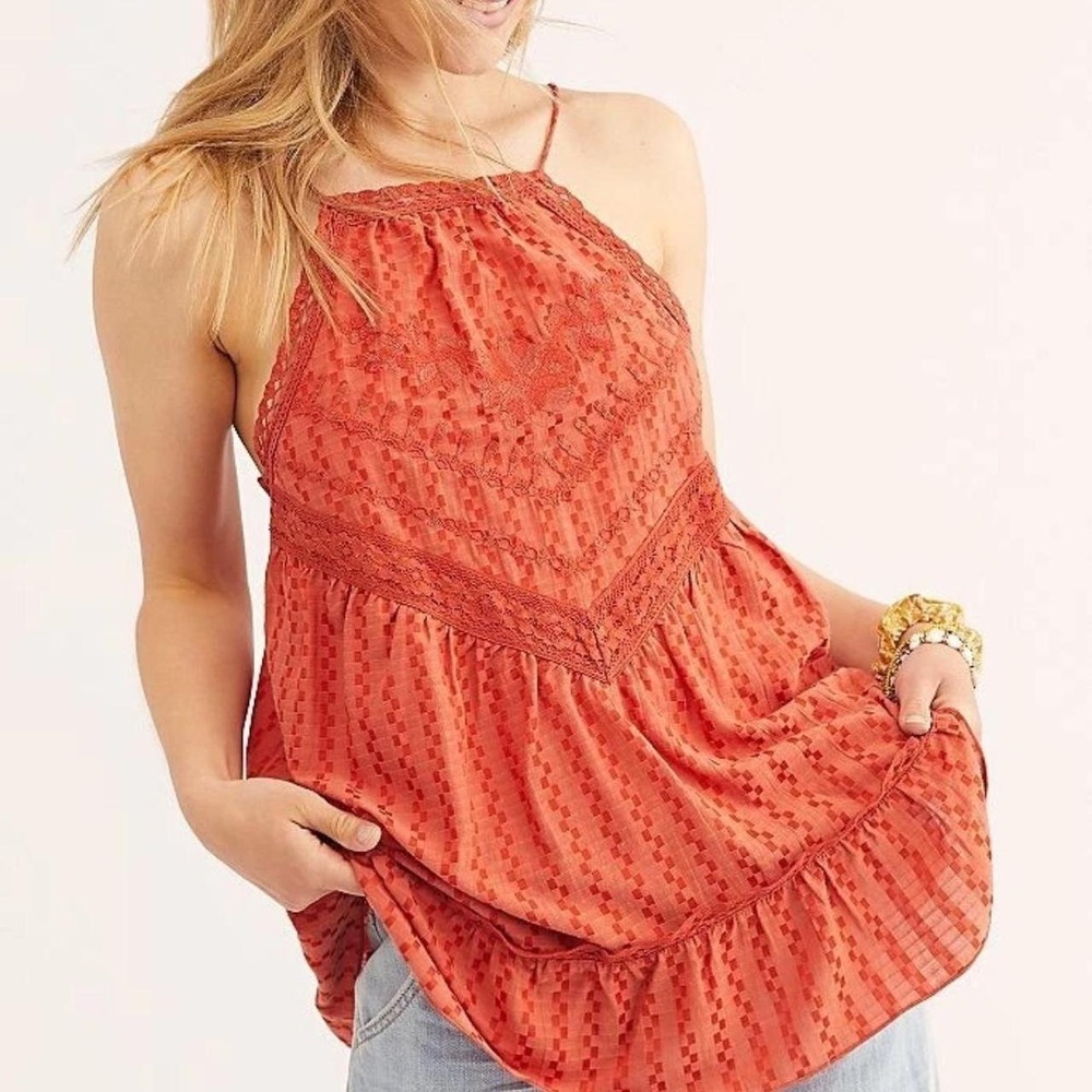 FREE PEOPLE Elisa Tunic Lace Top Paprika Strappy Orange